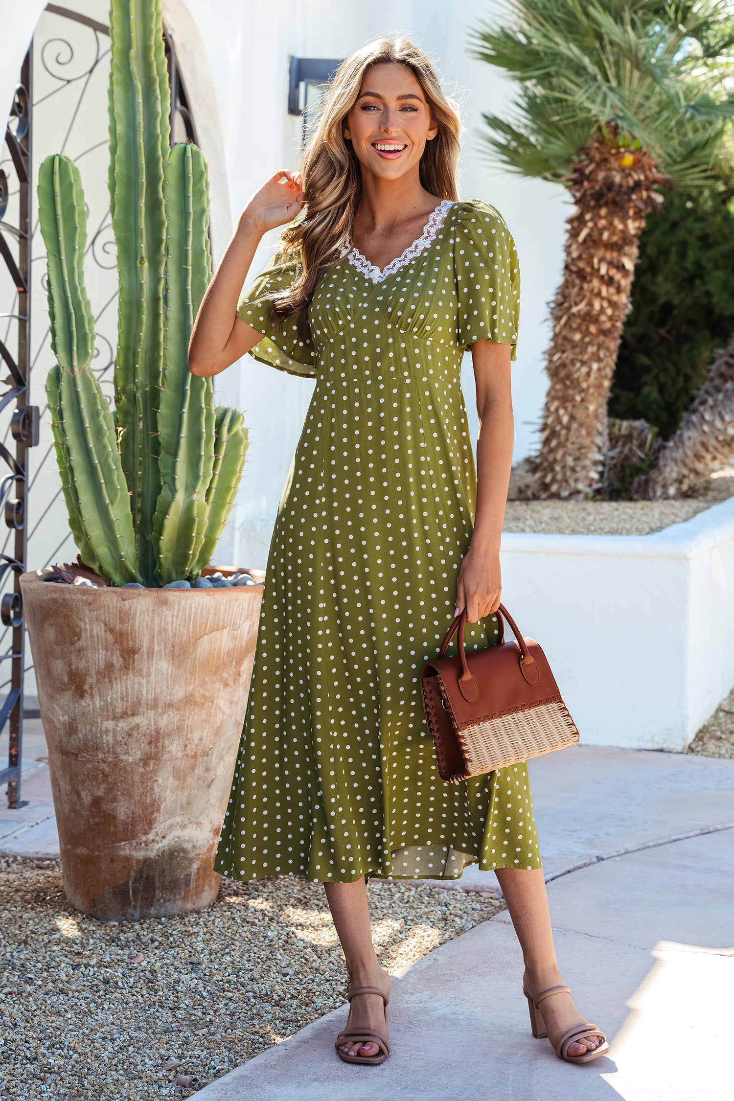 Green Polka Dot Print Lacy Neckline Smocked High Waist Maxi Dress Errabelly Green Polka Dot Print Lacy Neckline Smocked High Waist Maxi Dress Errabelly