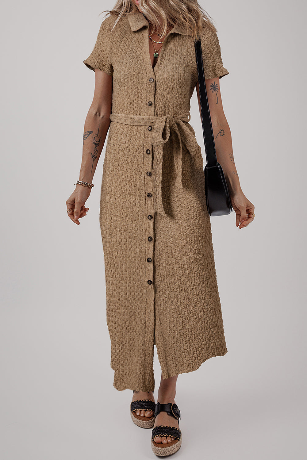 Buckskin Short Sleeve Textured Button Up Tie Waist Long Dress – Errabelly