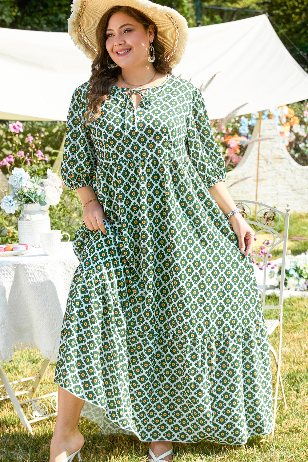 chinese dress ladies Green Geometric Floral Print Half Sleeve Plus Size Maxi Dress – Errabelly