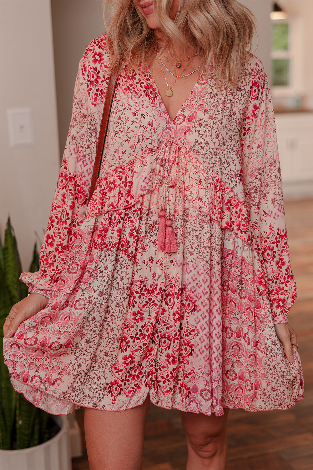 Pink Bohemian Floral Print Tassel Tie Long Sleeve Flowy Mini Dress Errabelly Pink Bohemian Floral Print Tassel Tie Long Sleeve Flowy Mini Dress Errabelly