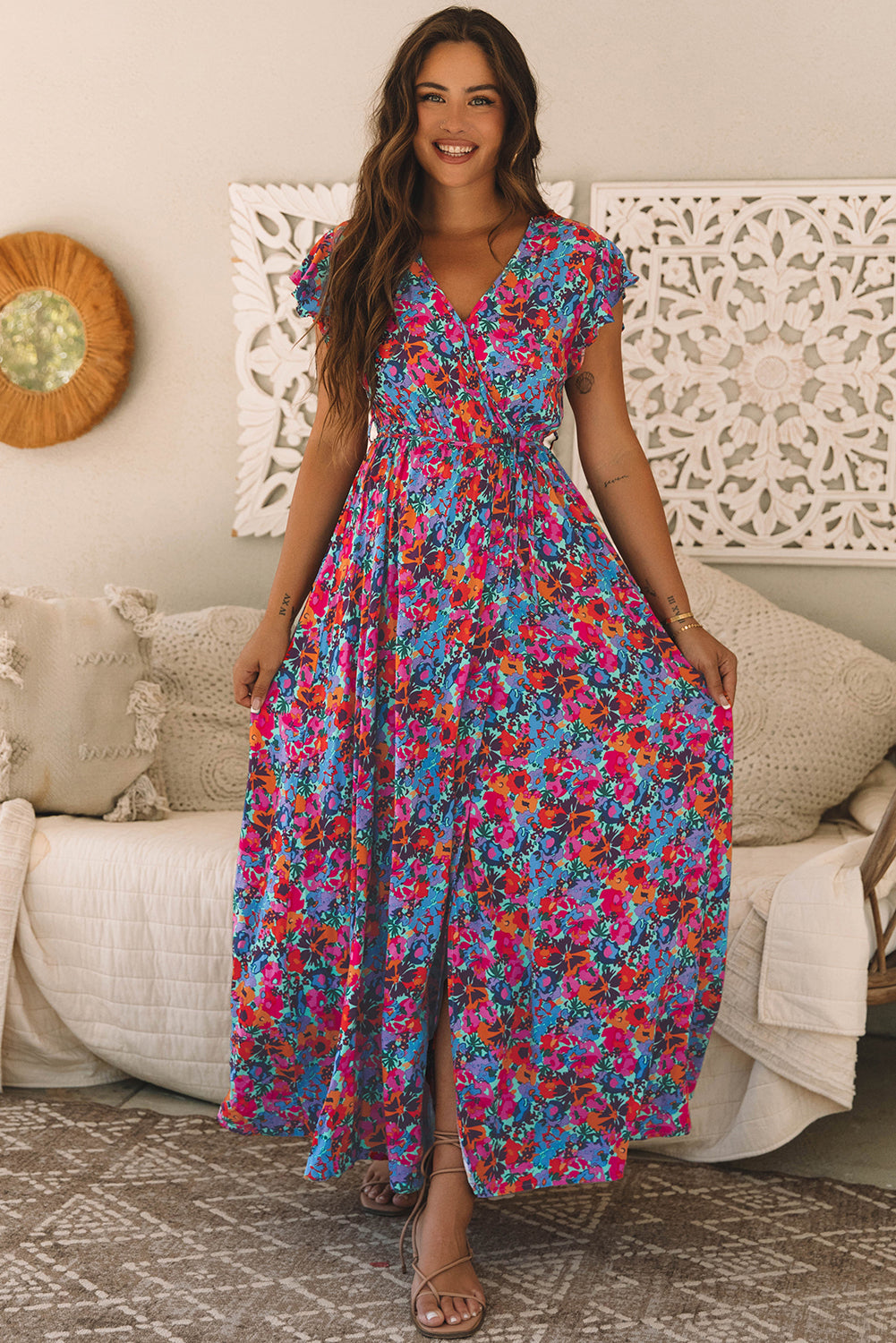 Blue Floral Print V Neck Wrap Split Maxi Dress – Errabelly Blue Floral Print V Neck Wrap Split Maxi Dress – Errabelly