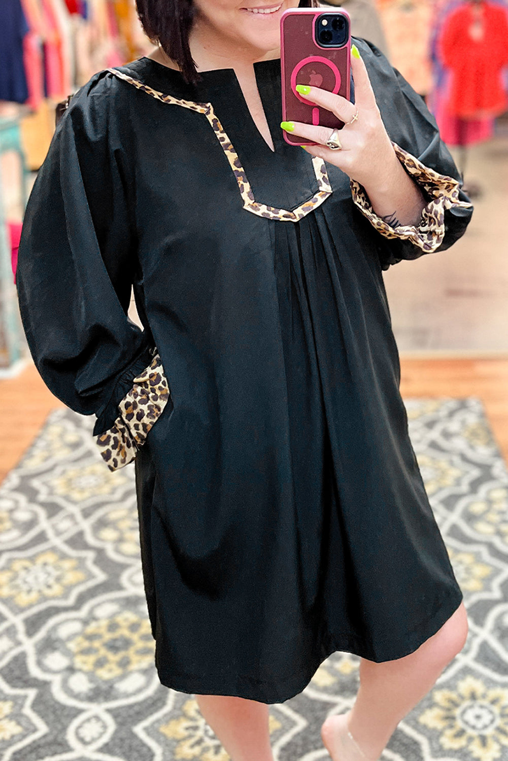 plus size long sleeve shift dress Black Plus Size Notched Neck Leopard Trim Flounce Long Sleeve Shift Dr –  Errabelly