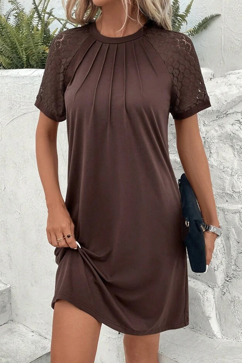 knee length dresses for ladies Ribbed Hem Raglan Sleeve Sweater Dress Tan / L main image 1