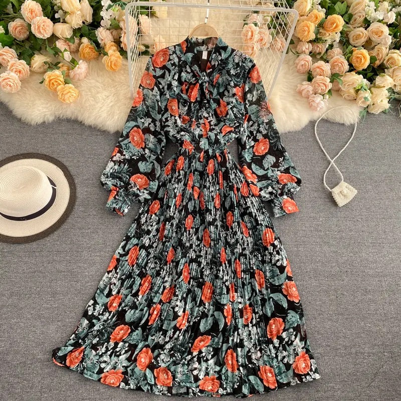 Rosy Pleated Long Sleeve Maxi Dress for Women | Elegant Evening Gown