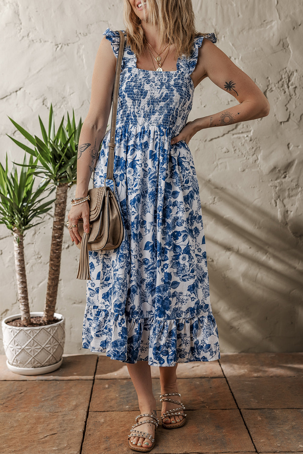 Blue Floral Ruffle Strap Square Neck Smocked Bodice Midi Dress  Errabelly