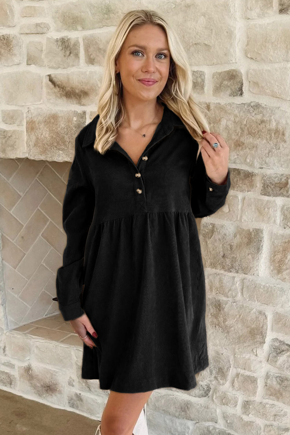 Black Corduroy Half Button Collared Long Sleeve Mini Dress  Errabelly