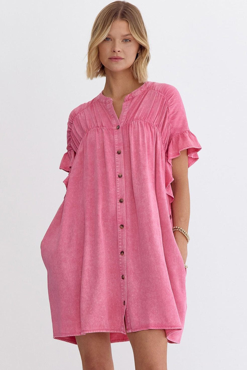 pink denim mini dress Pink Ruffled Short Sleeve Buttoned Denim Mini Dress – Errabelly