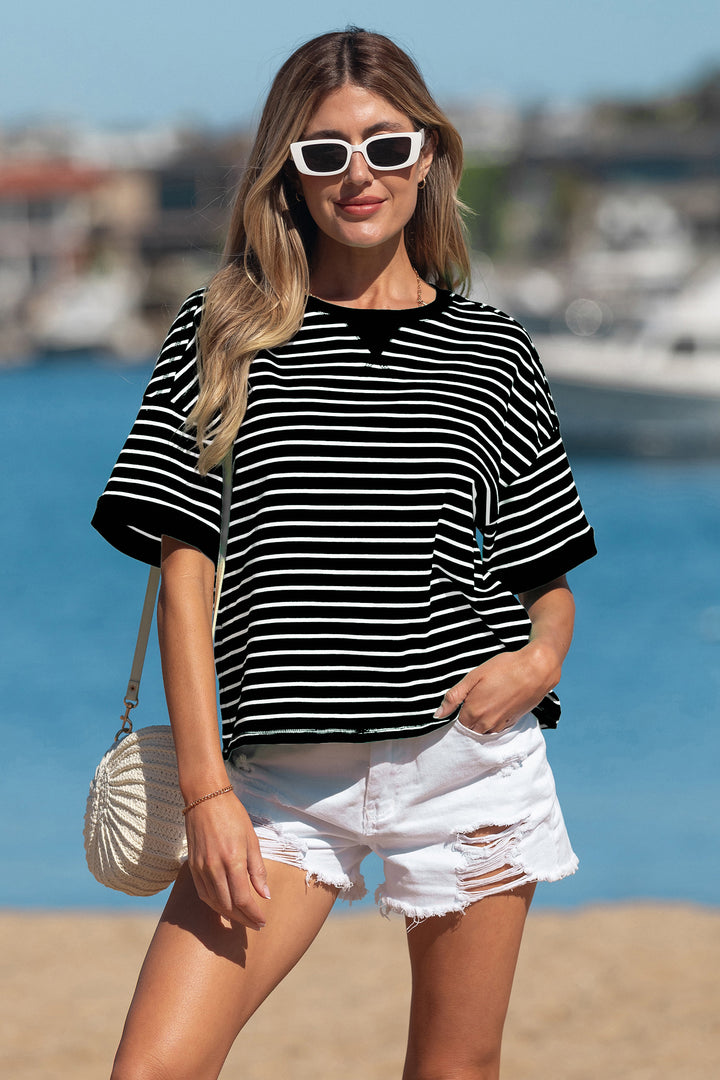 Green Stripe Ribbed Patchwork Seam Detail Half Sleeve Tee