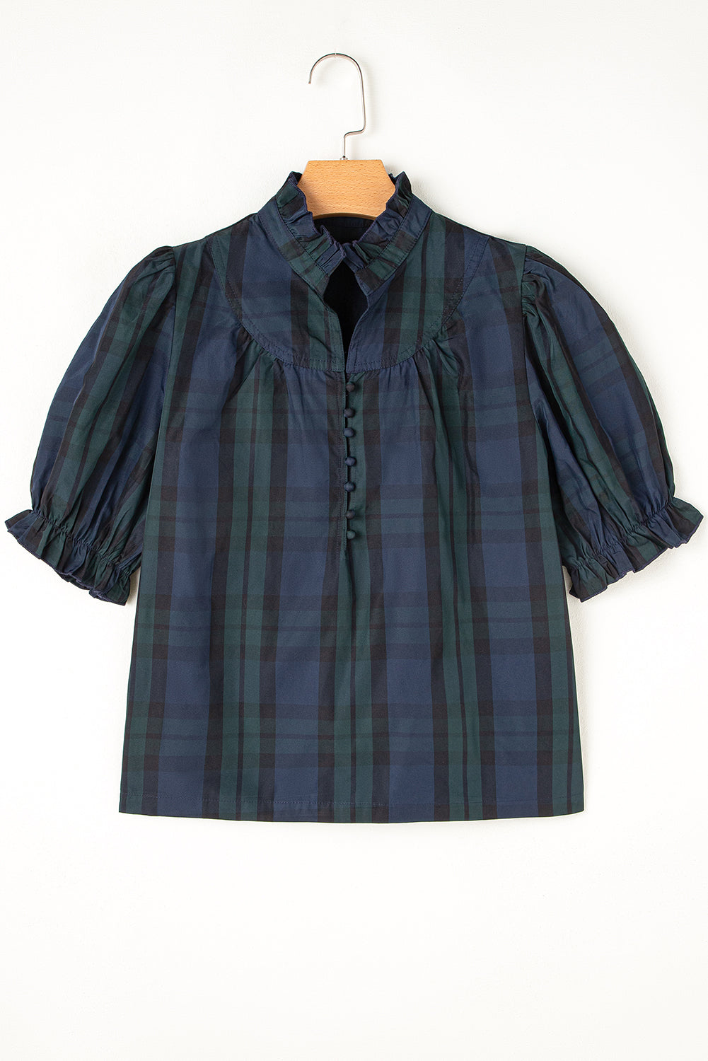 Blackish Green Solid Puff Sleeve Frilled Trim Elegant Blouse