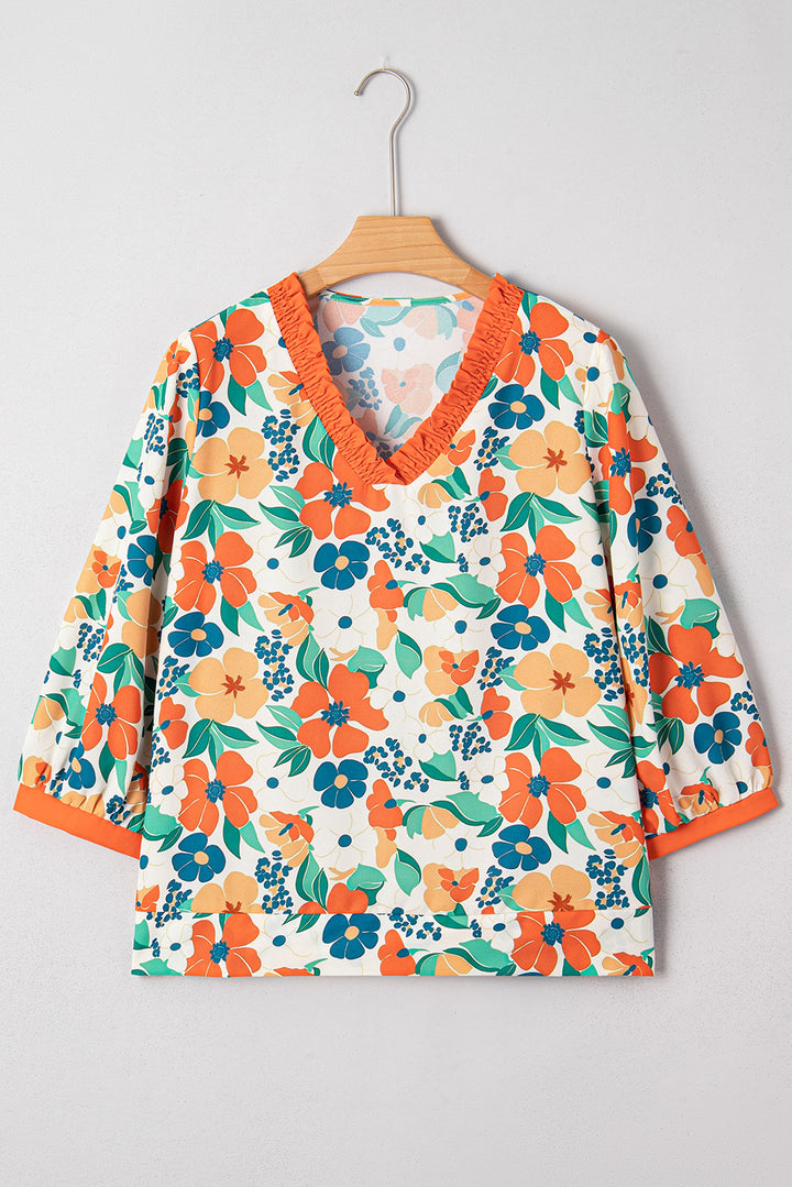 Orange Frilled V Neck Floral Print Bracelet Sleeve Blouse