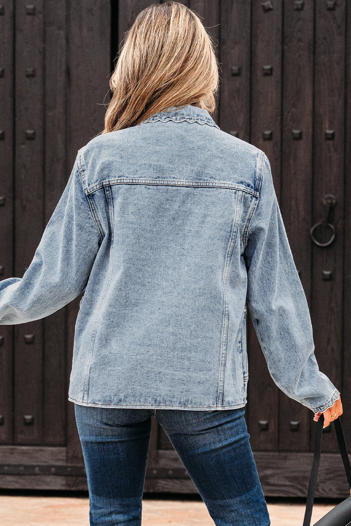 Myosotis Scallop Trim Collar Patched Pocket Button Up Mineral Washed Denim Jacket