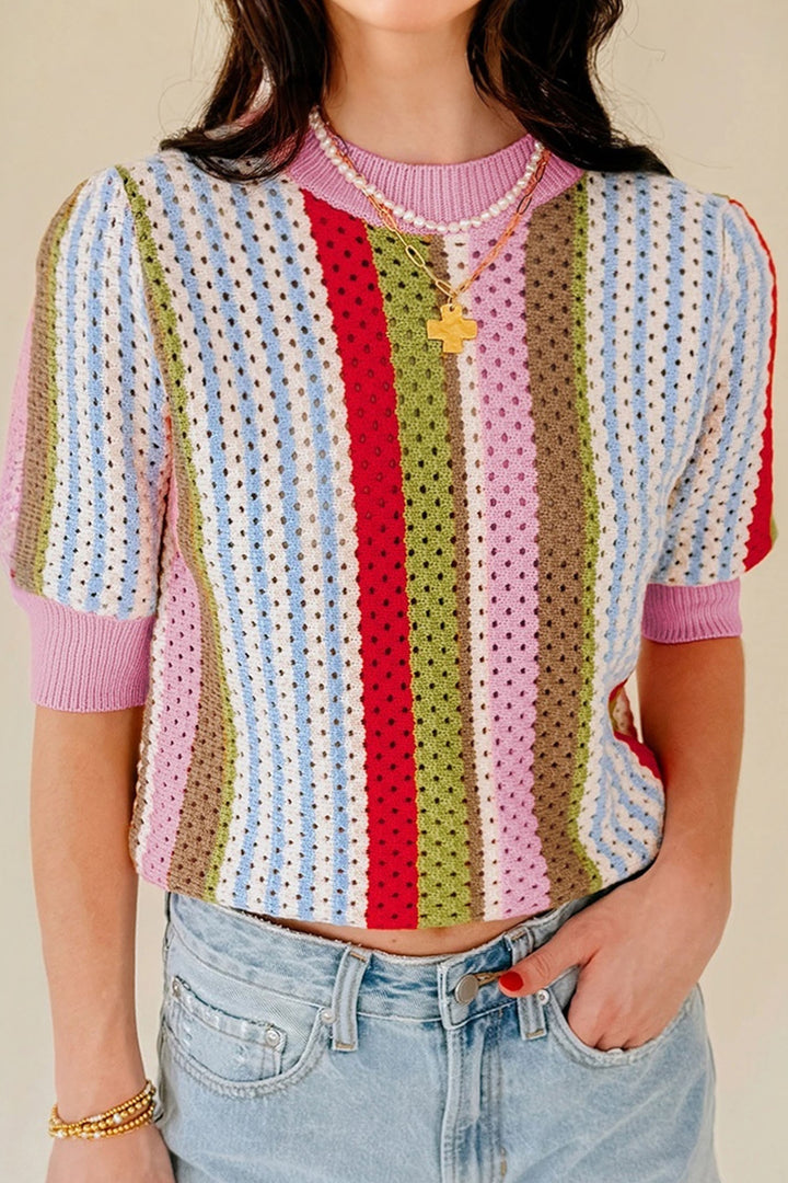 Multicolour Striped Pointelle Knit Short Sleeve Sweater