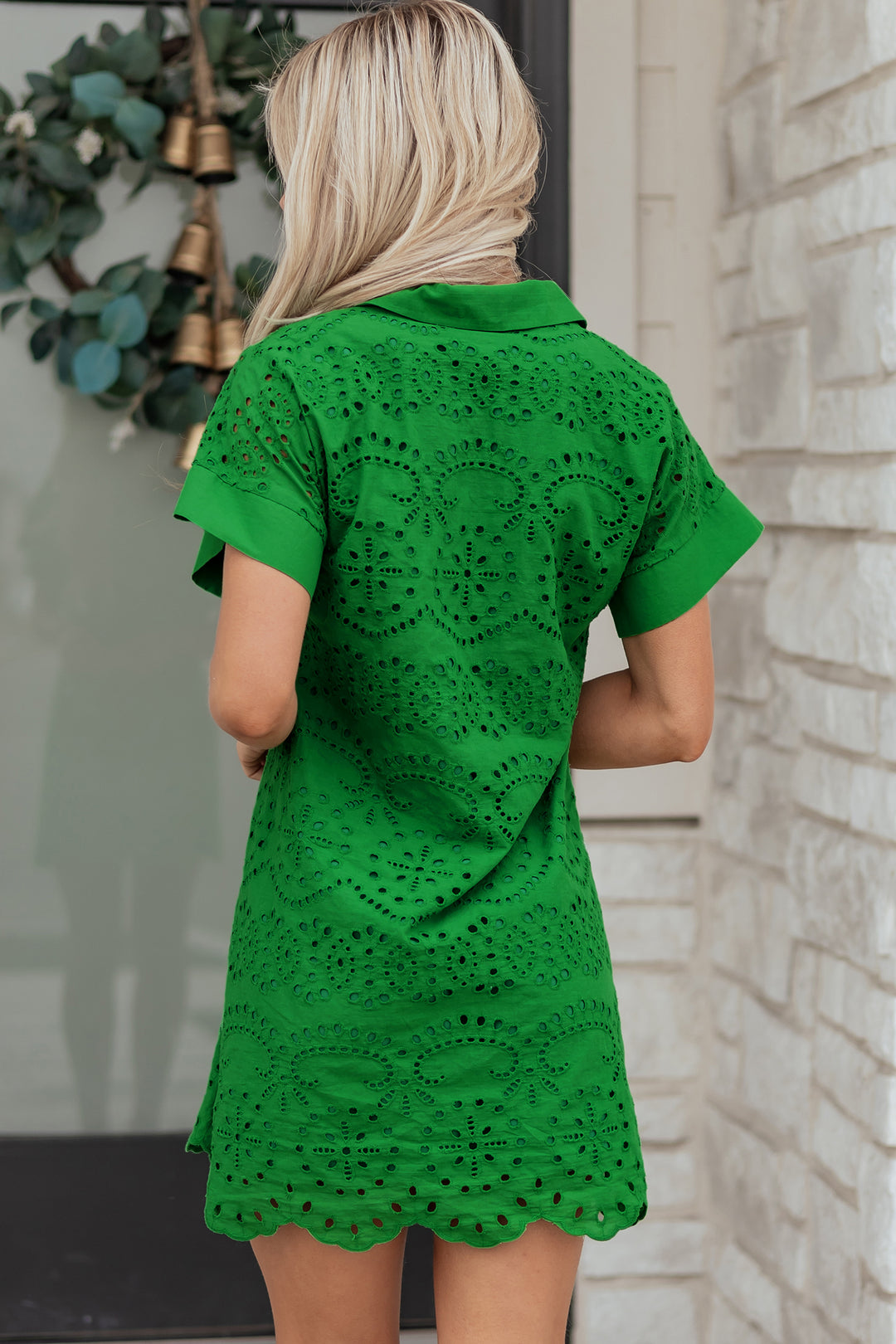 Green Solid Color Eyelet Embroidered T Shirt Mini Dress