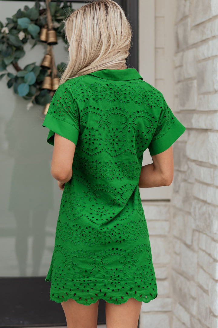 Green Solid Color Eyelet Embroidered T Shirt Mini Dress