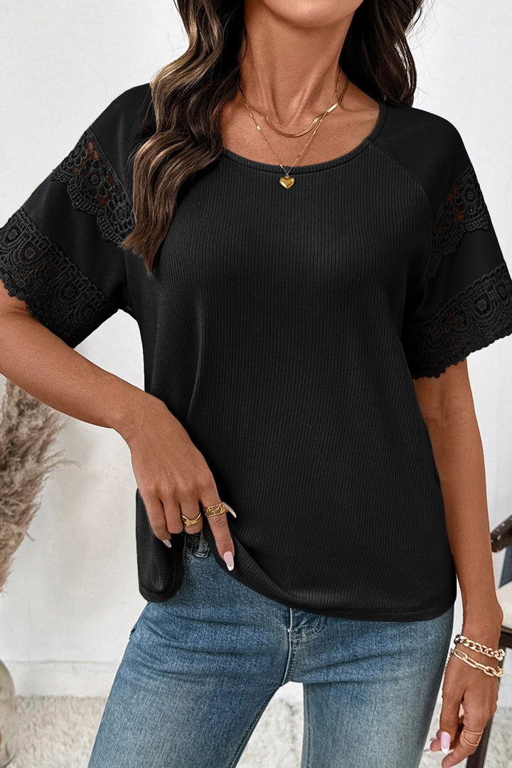 Black Ribbed Lace Patchwork Short Sleeve Top