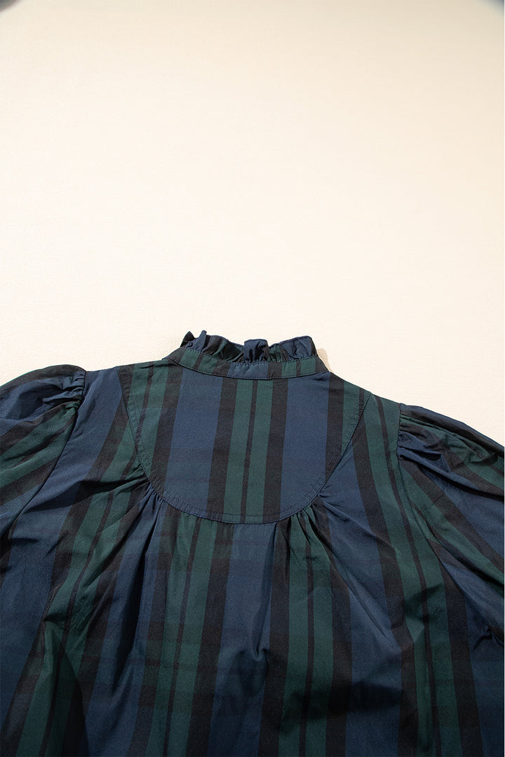 Blackish Green Solid Puff Sleeve Frilled Trim Elegant Blouse