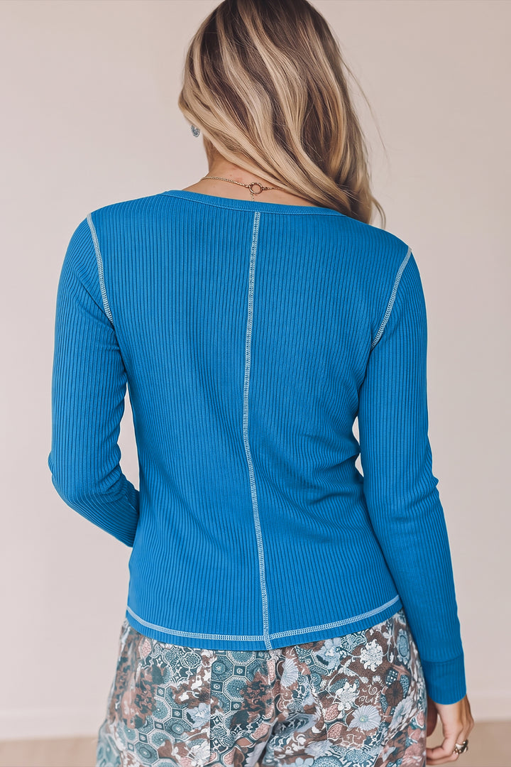 Dark Khaki V Neck Ribbed Stitched Detail Long Sleeve Top