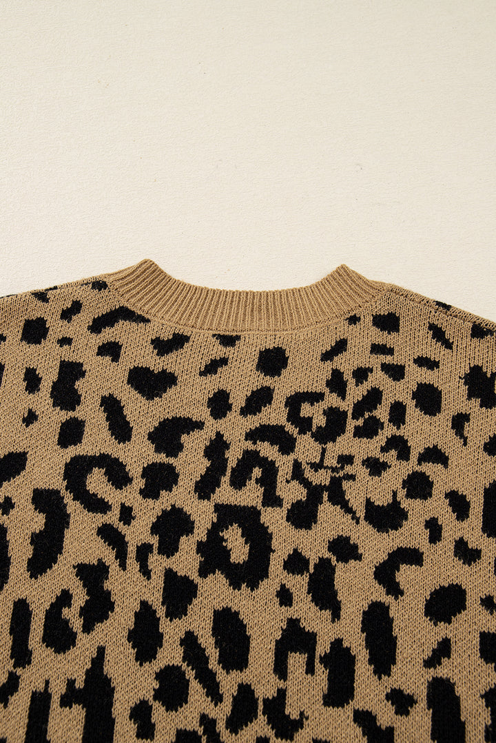 Light French Beige Ribbed Trim Round Neck Leopard Drop Shoulder Sweater