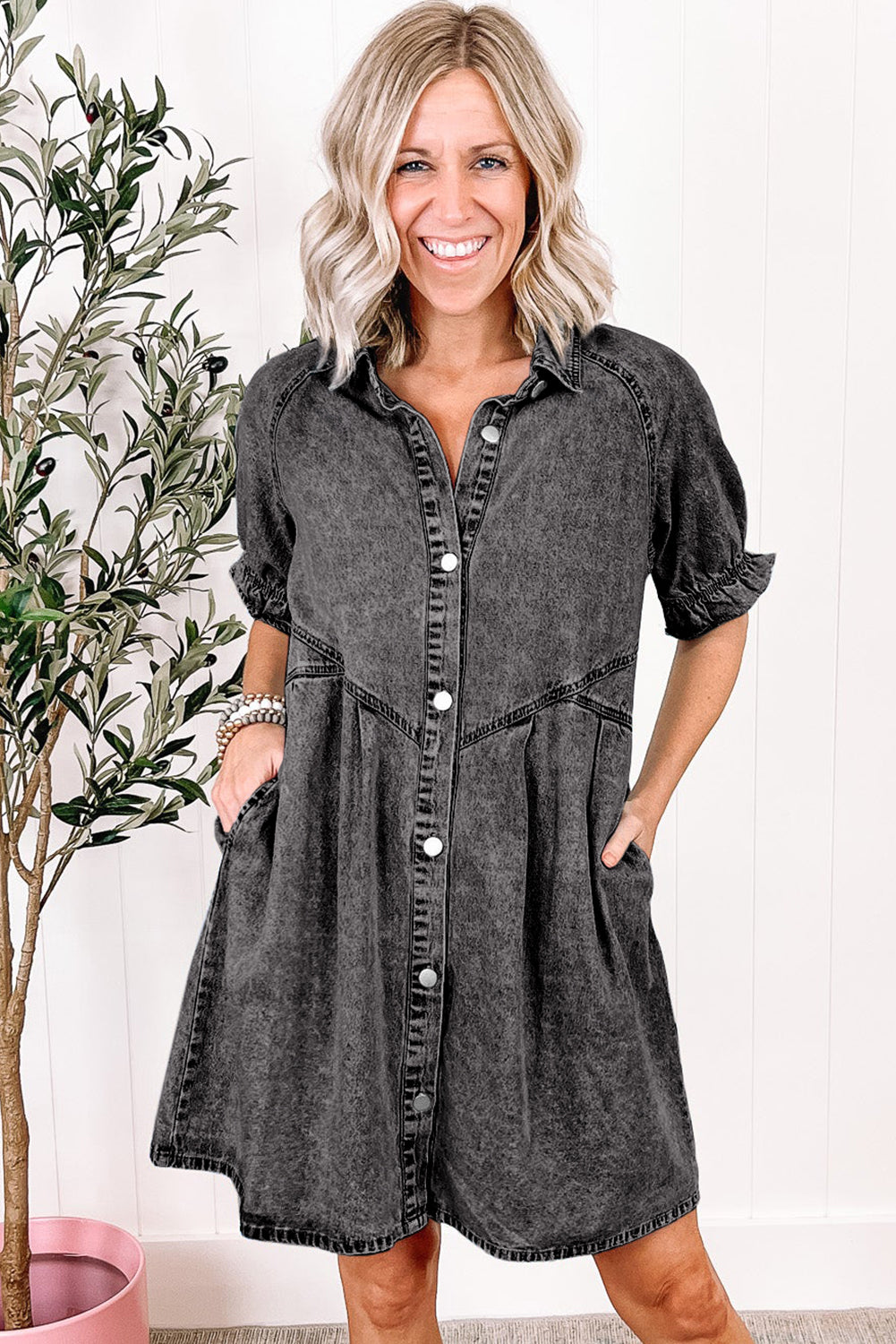 Medium Grey Mineral Wash Ruffled Short Sleeve Buttoned Denim Dress  | Women