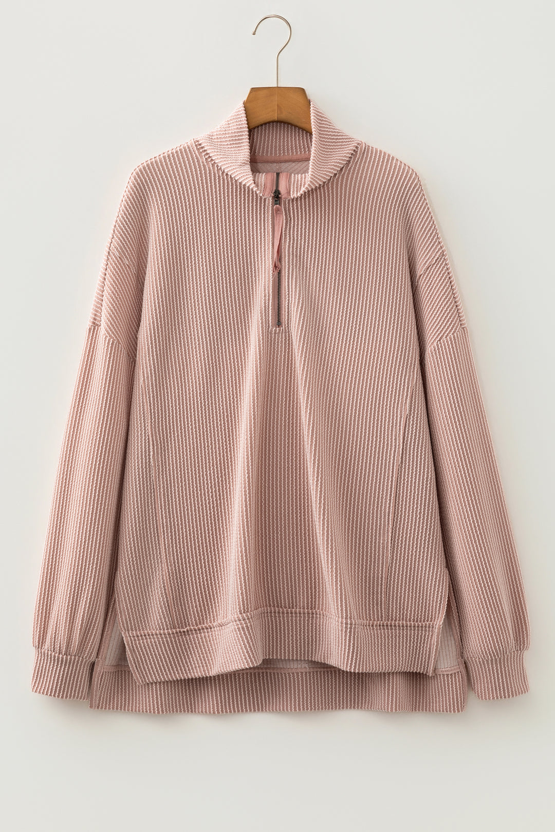 Oatmeal Twist Ribbed Zipper Collar Drop Shoulder Long Sleeve Top