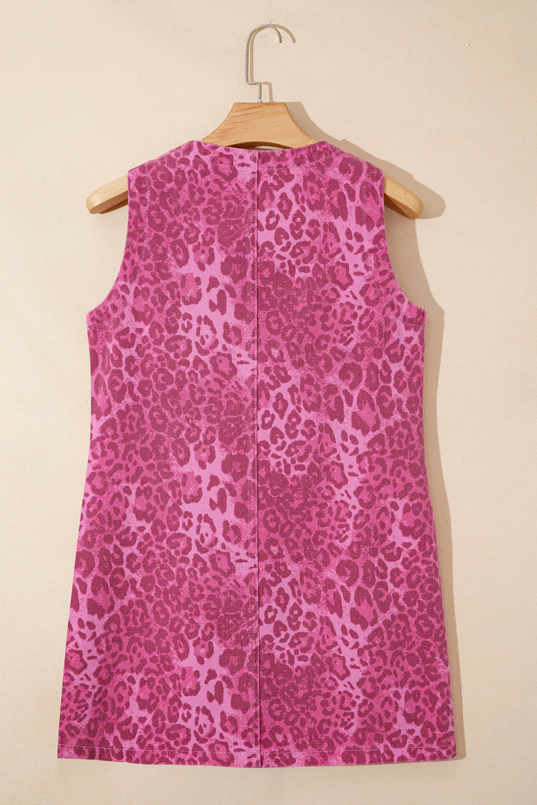 Pink Leopard Denim Buttoned Shift Sleeveless Dress