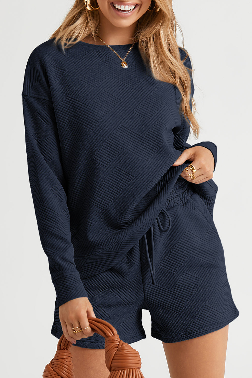 Navy Blue Textured Long Sleeve Top and Drawstring Shorts Set | Women