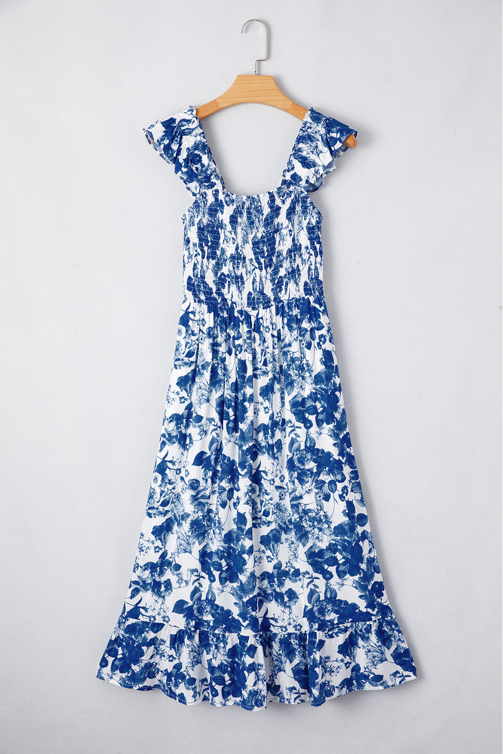 Blue Floral Ruffle Strap Square Neck Smocked Bodice Midi Dress
