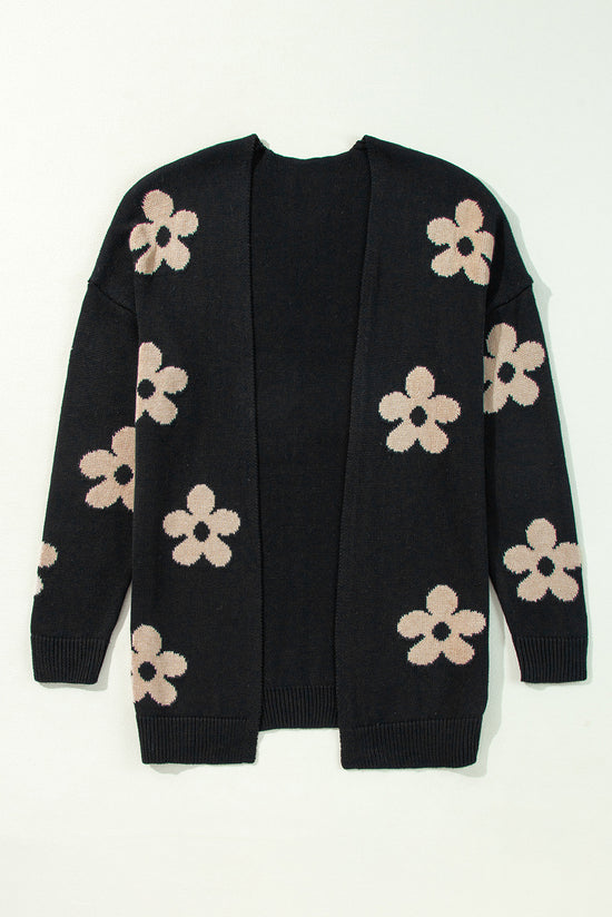 Black Floral Print Knitted Open Front Loose Cardigan | Women