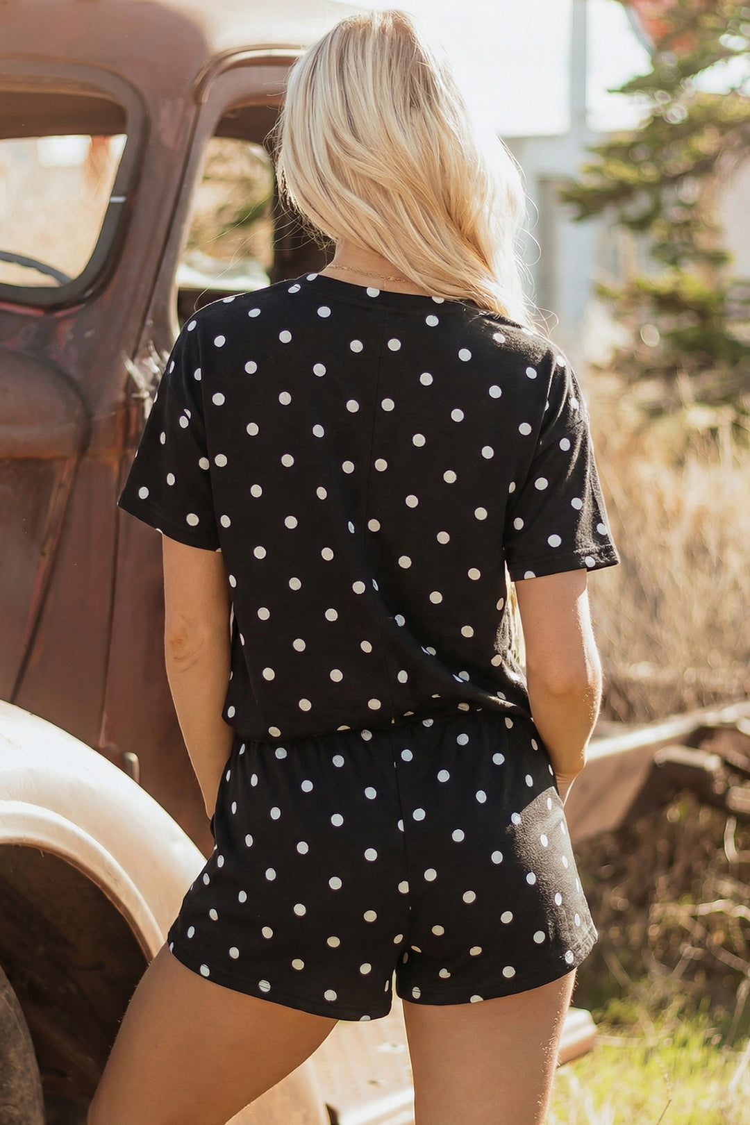 Black Exposed Seam Detail Polka Dot Loose Tee Drawstring Shorts Set
