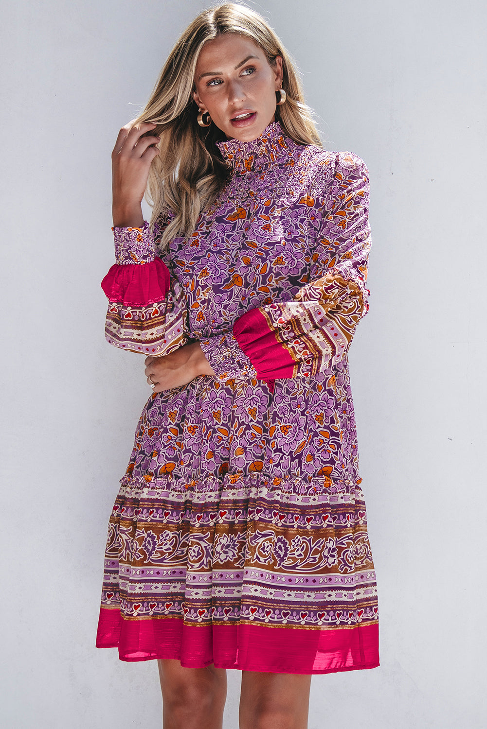 Purple Floral Smocked Puff Sleeve High Neck Mini Dress | Women