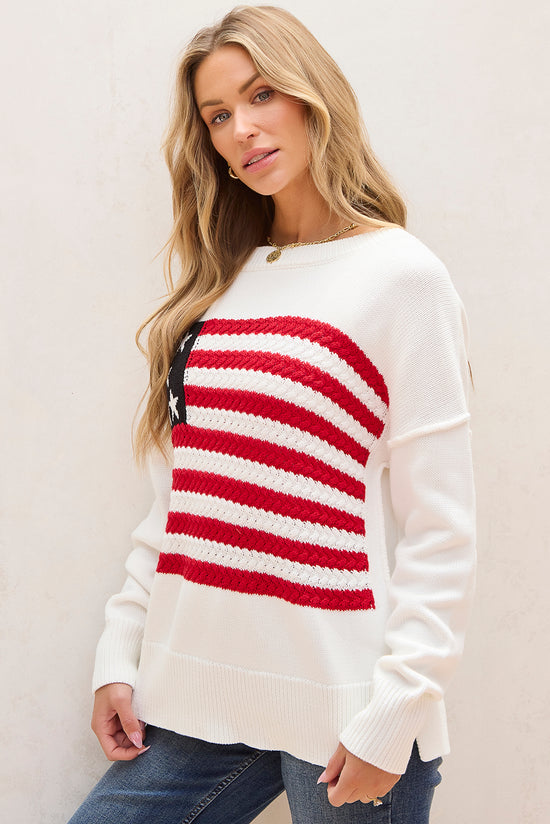 White American Flag Cable Knit Drop Shoulder Sweater | Women