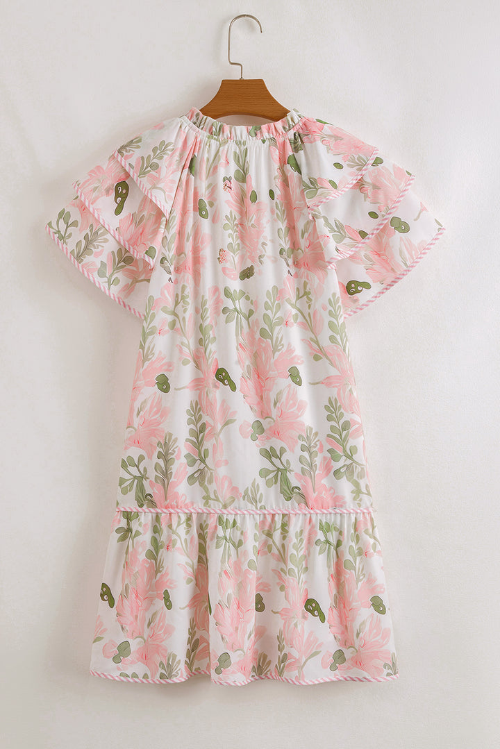 Orange Floral Contrast Edge Layered Short Sleeve Mini Dress