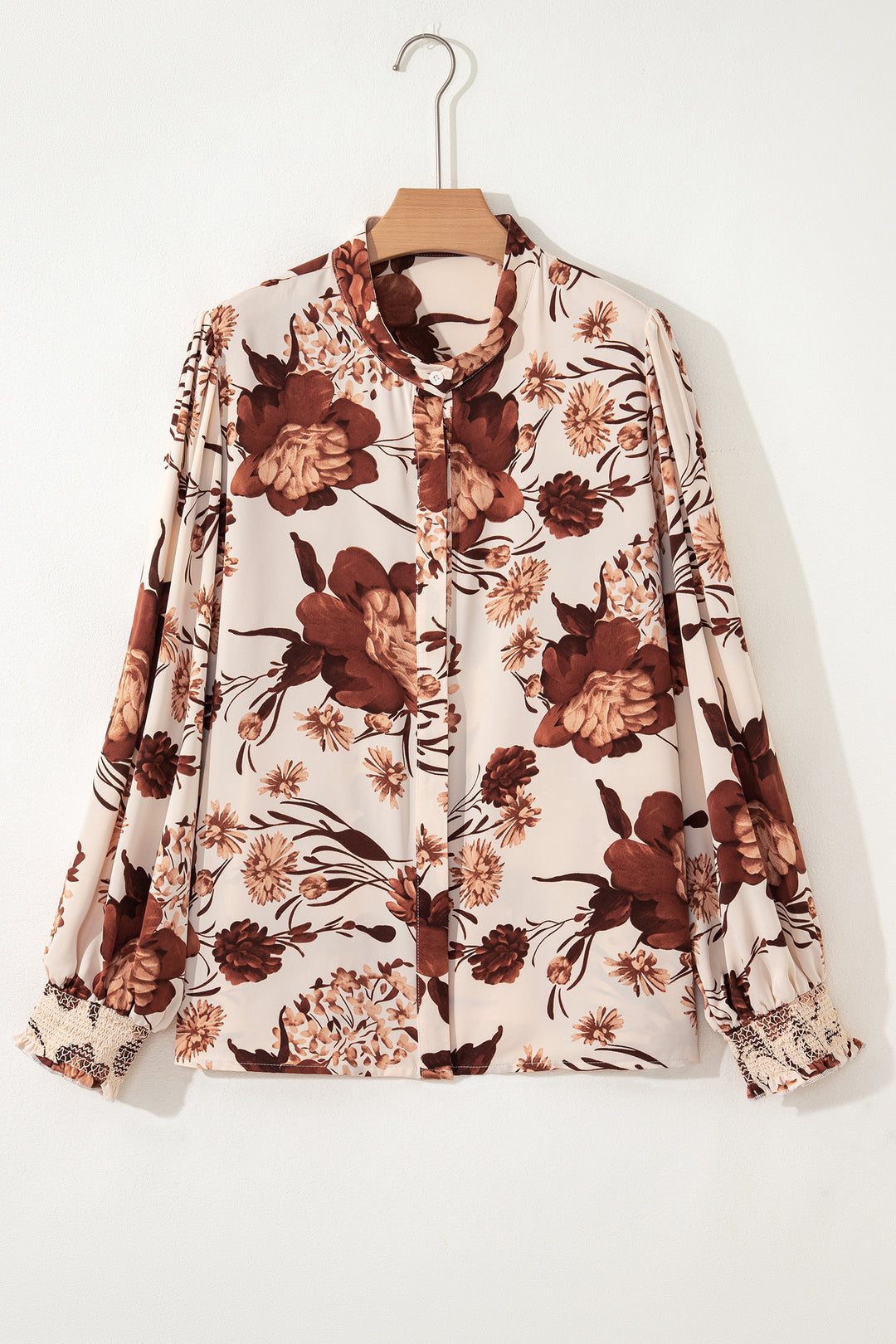 Brown Floral Print Button Down Poet Sleeve Shirt