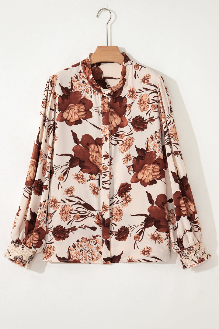 Brown Floral Print Button Down Poet Sleeve Shirt