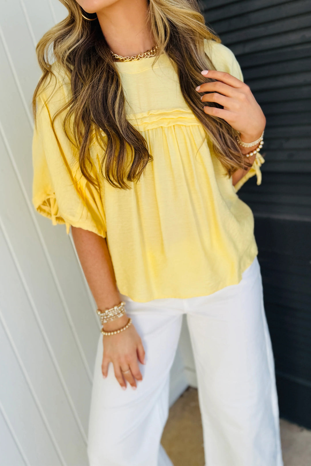 Mist Blue Tie Half Sleeve Pleated Detail Babydoll Blouse