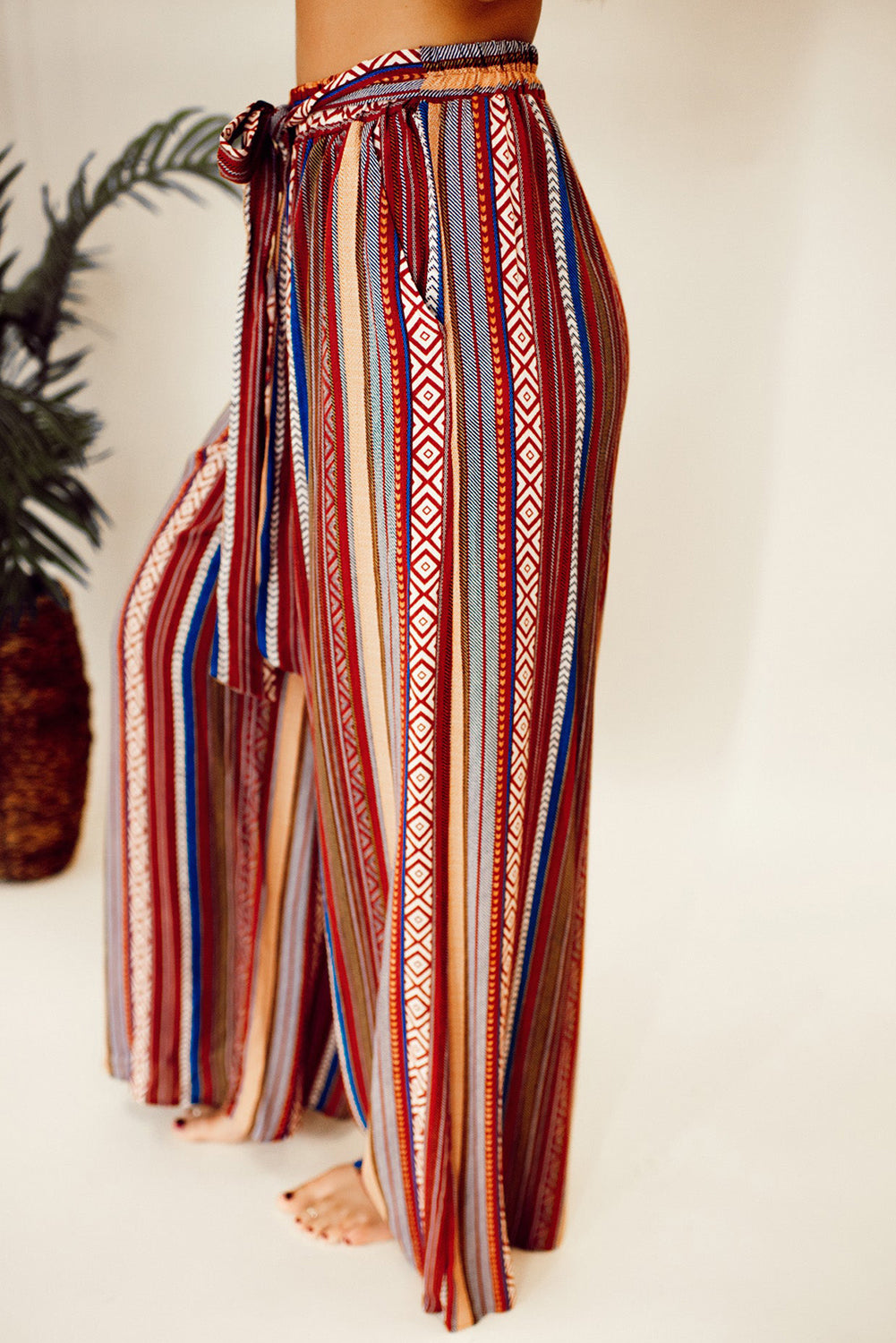 Red Boho Ethnic Striped Print Tie Waist Wide Leg Pants | Women