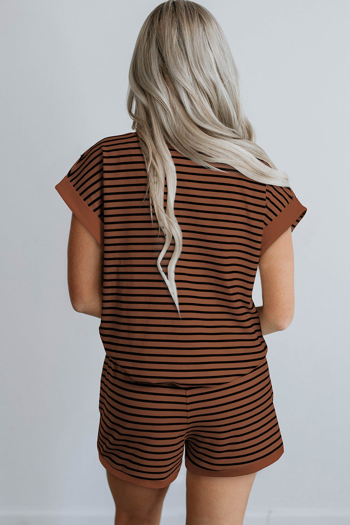 Brown Cotton Stripe Ribbed Dolman Tee Elastic Waist Casual Short Set