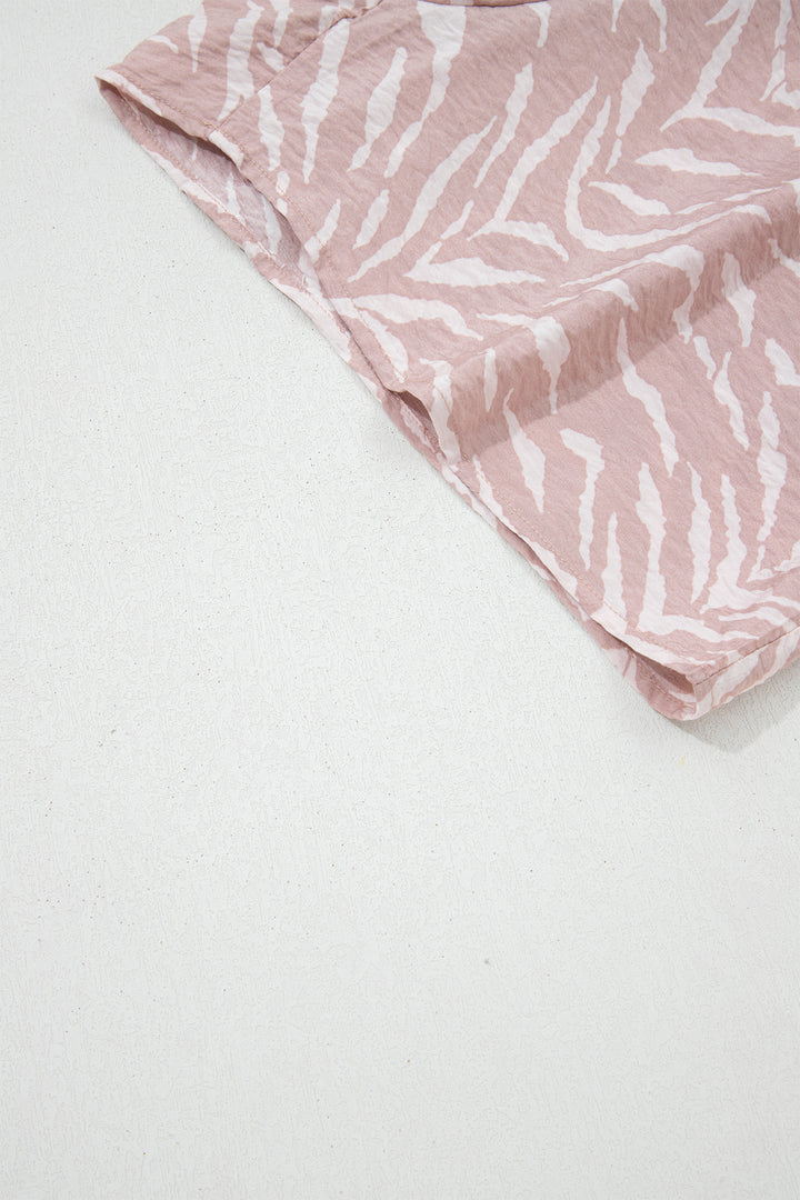 Khaki Abstract Print Cuffed Short Sleeve Loose Top Short Set