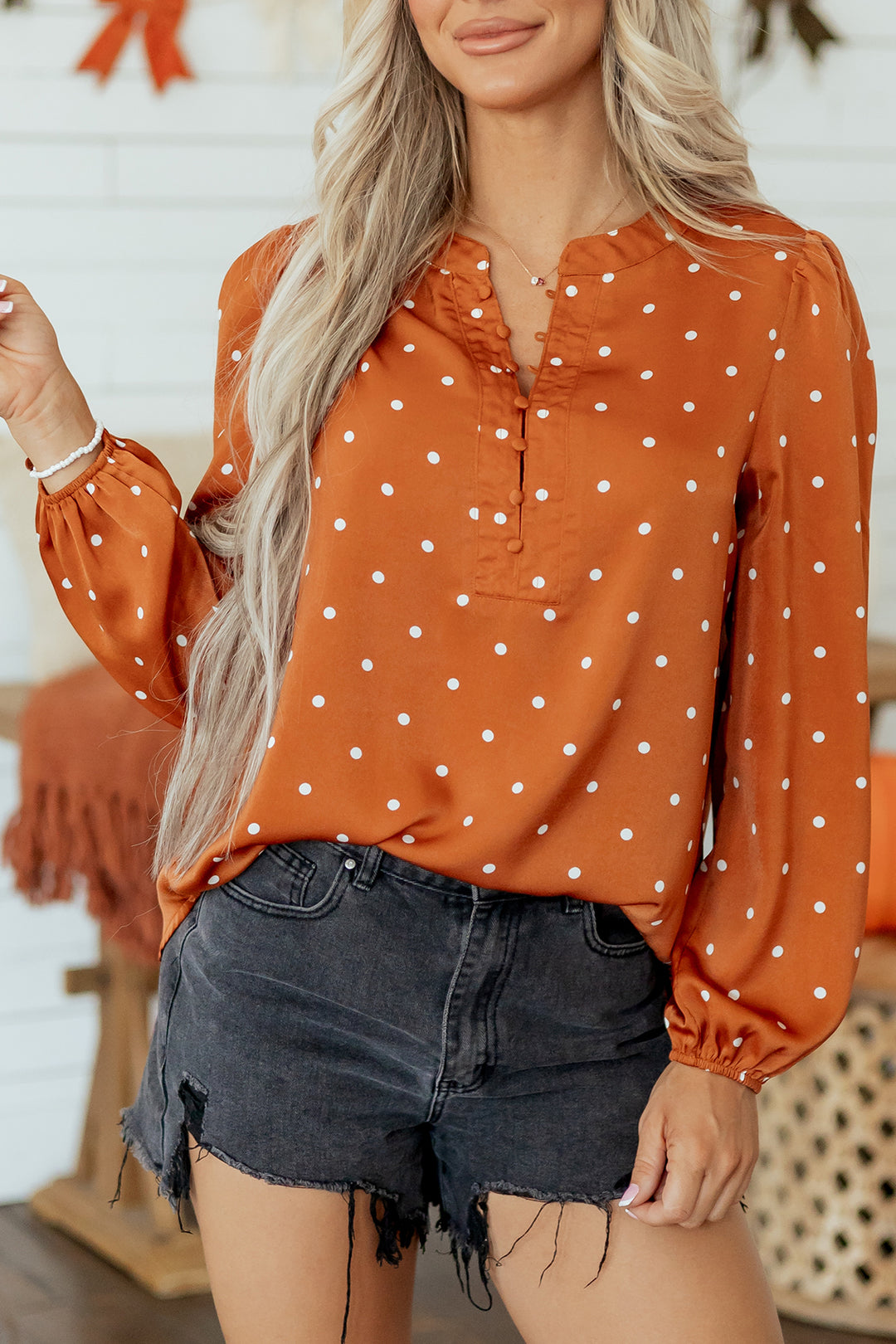Brown Polka Dot Half Button V Neck Long Sleeve Blouse
