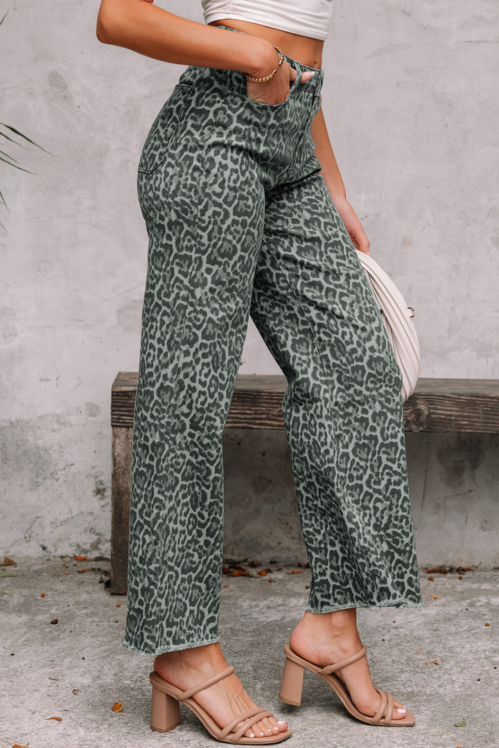 Brown Leopard Frayed Edge Wide Leg High Waist Jeans
