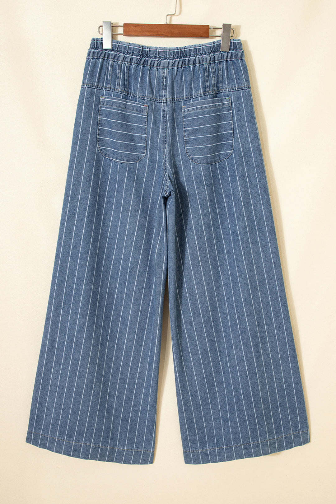 Sky Blue Stripe Button Pleated Drawstring Waist Casual Wide Leg Jeans