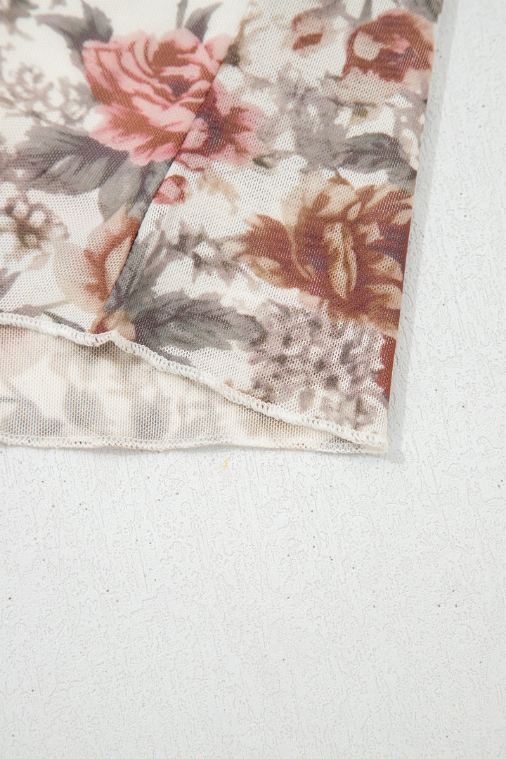 Red Floral Print Stitched Detail Tie V Neck Long Bell Sleeve Blouse