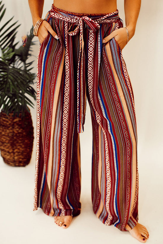 Red Boho Ethnic Striped Print Tie Waist Wide Leg Pants | Women