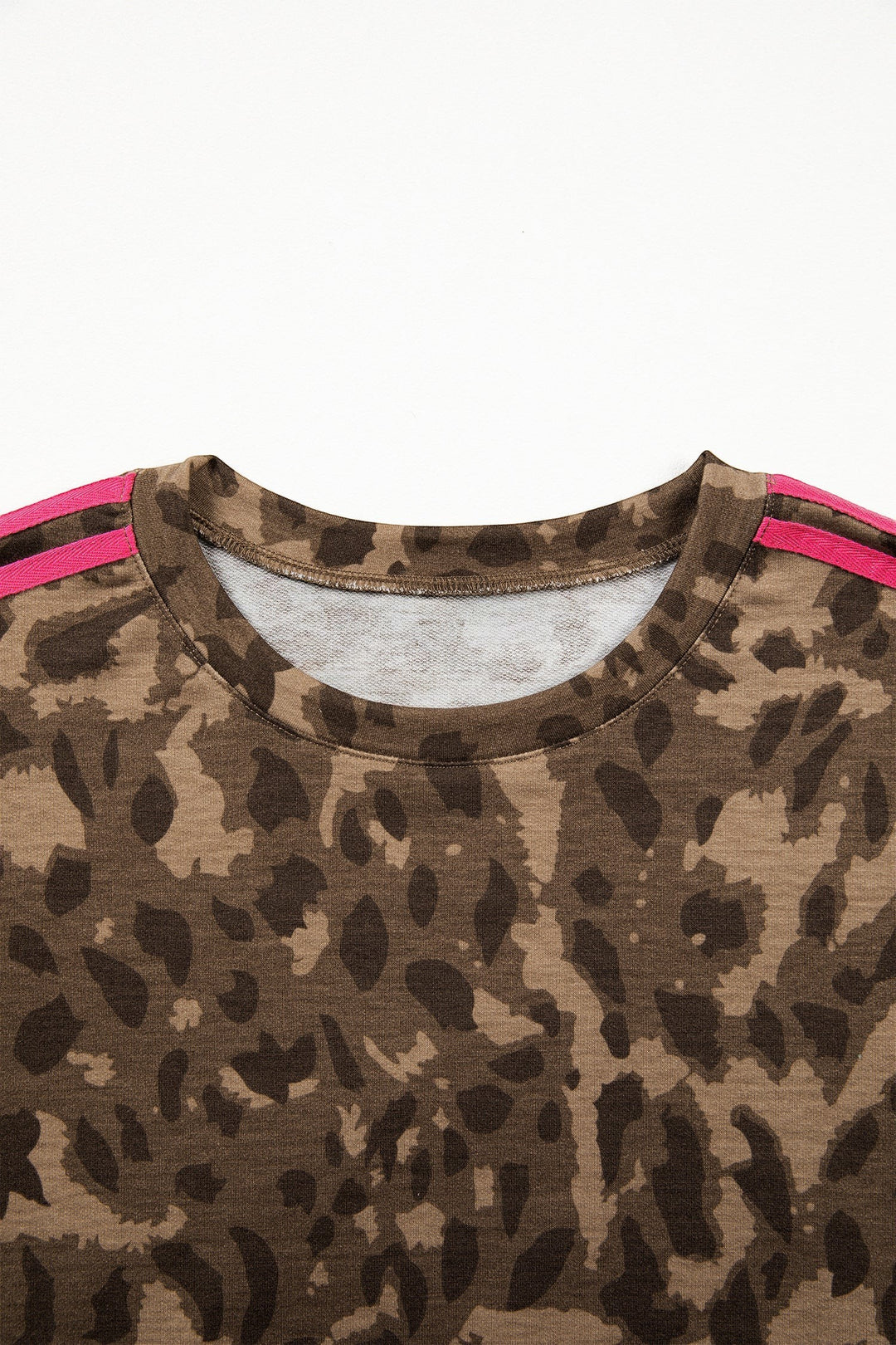 Brown Loose Contrast Striped Accent Leopard T Shirt Mini Dress with Pockets