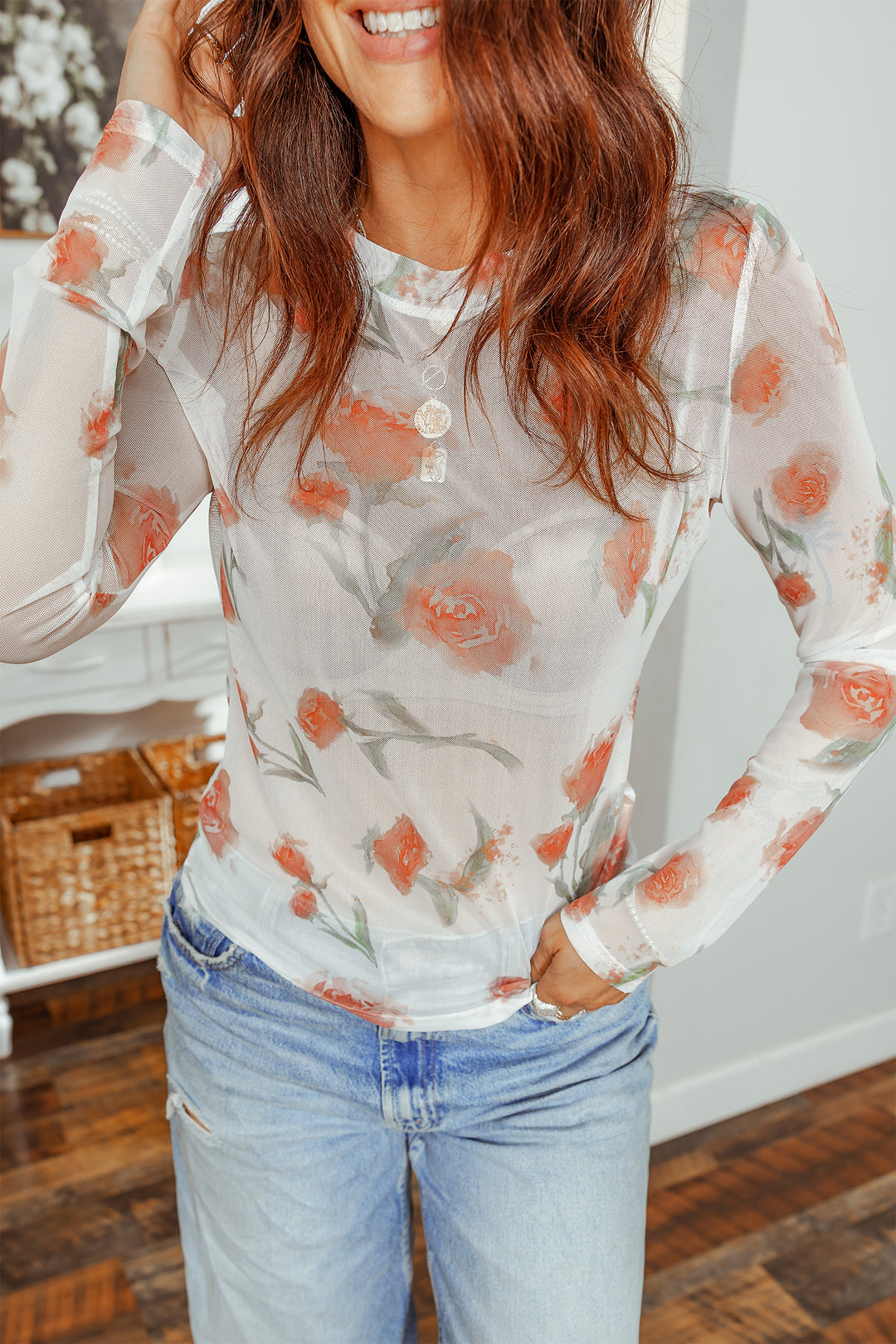 Casual Round Neck Floral Print Mesh Long Sleeve Top