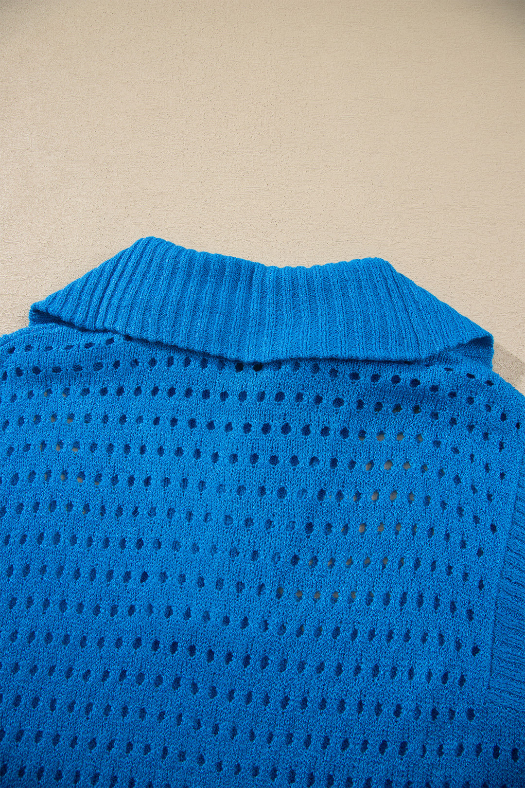 Sky Blue Solid Color Hollowed Knit Short Sleeve Zipper Collar Knitwear Top