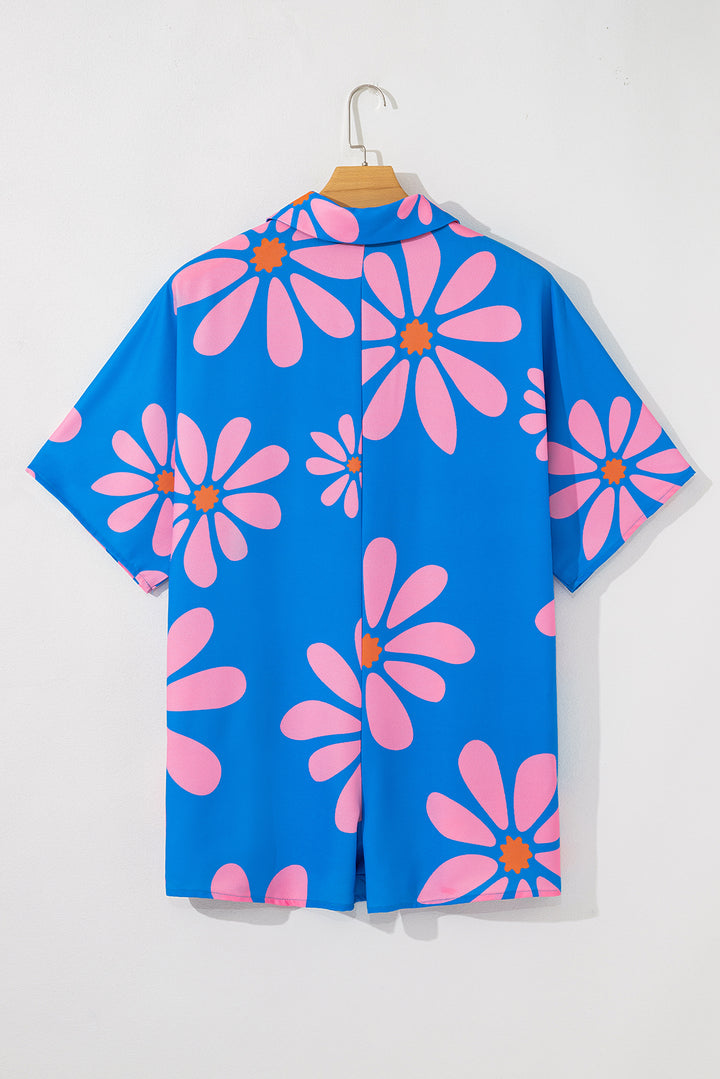 Blue Summer Flower Print Shirt Collar Button Front Loose Romper
