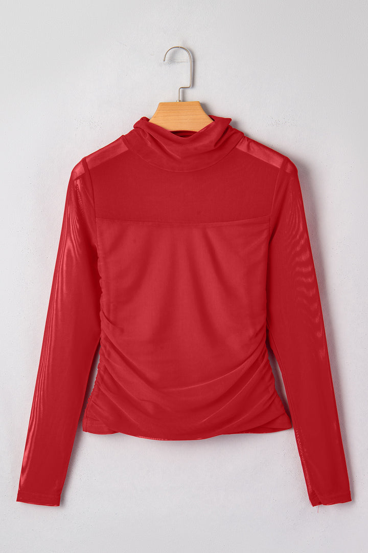 Black Sheer Mesh Patchwork High Neck Long Sleeve Top