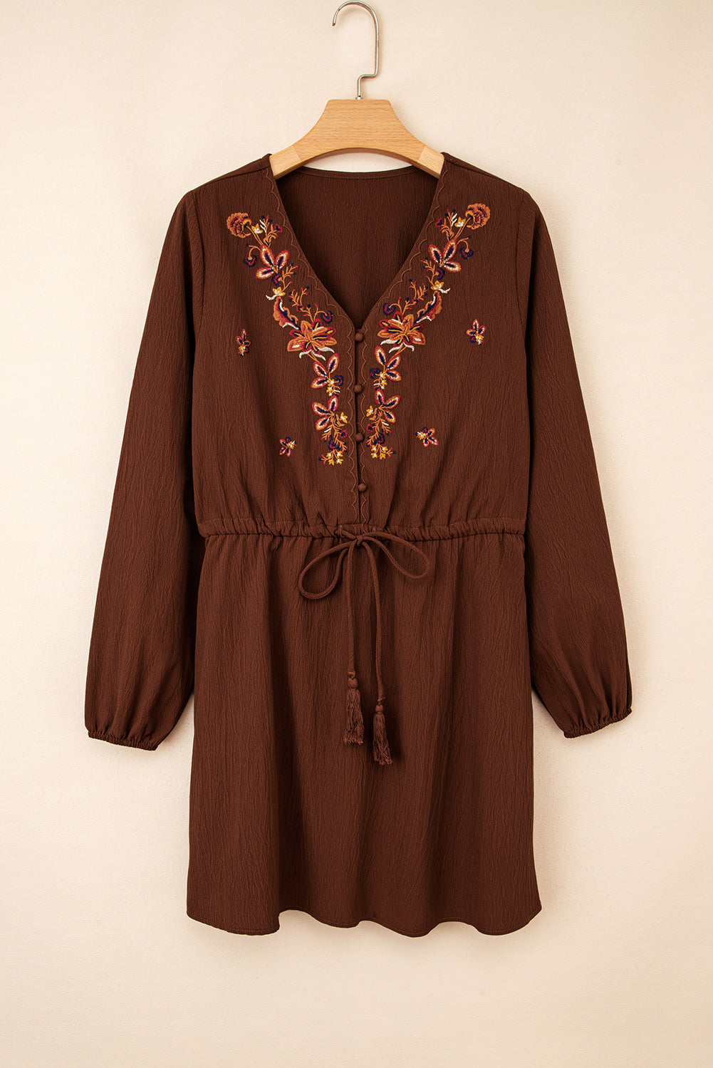 Burgundy Floral Embroidered Tassel Tie Waist Long Sleeve Mini Dress
