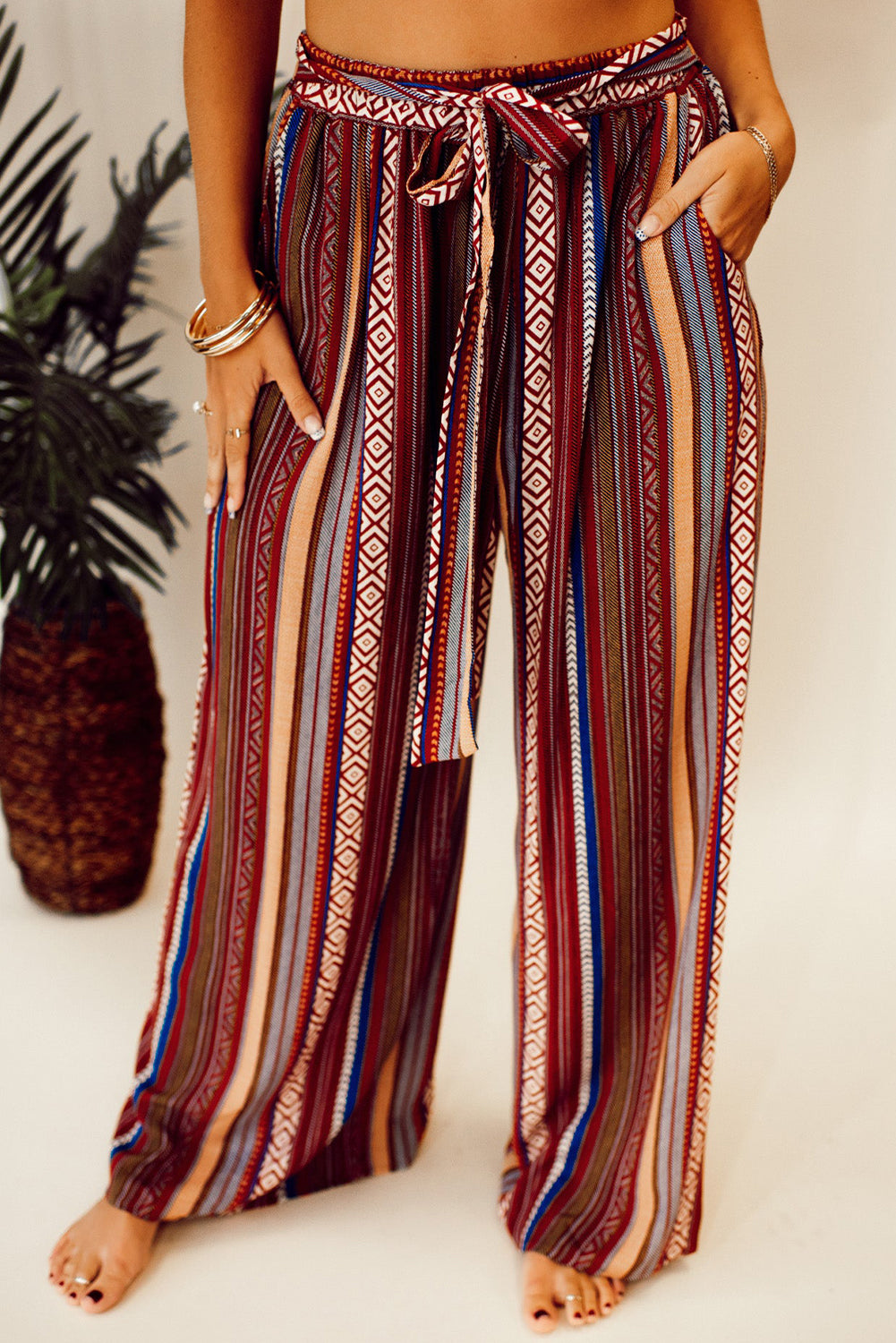 Red Boho Ethnic Striped Print Tie Waist Wide Leg Pants | Women